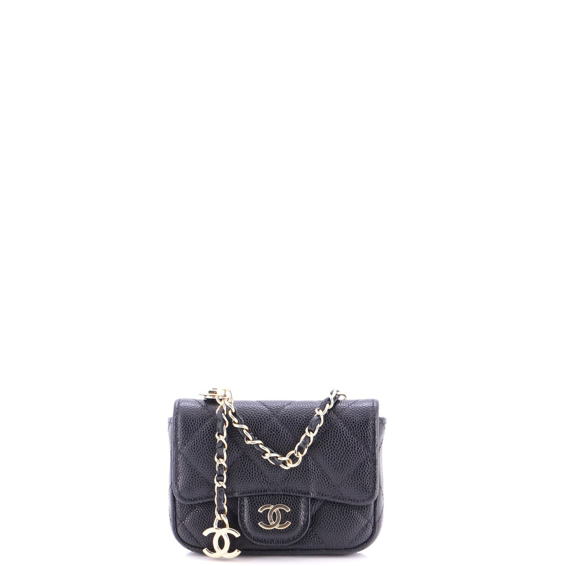 Chanel Classic Flap Chain Belt Bag Quilted Caviar: A quilted mini flap in pebbled caviar, hung from a 13.5 in chain that reads as a belt or a very short crossbody depending on the wearer. Four inches wide by 3 in tall by 1 in deep, it holds essentials