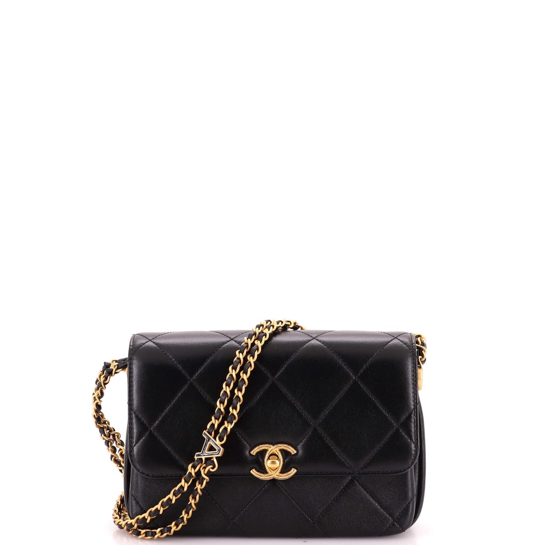 Chanel Logo Letters Compartment Chain Flap Bag Quilted Lambskin: Compartments are the selling point here: the interior divides so a phone and a wallet stop competing, inside a body 8 inches wide by 6 high and 2.5 deep. Logo lettering across the quilted lambskin fro