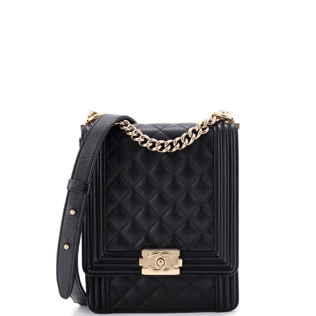 Chanel North South Boy Flap Bag Quilted Caviar: An inch wider than the narrowest version at 7 by 8 inches, this north-south Boy edges back toward square, and the quilt reads larger across the front for it. Caviar's pebbled grain keeps the boxy fram