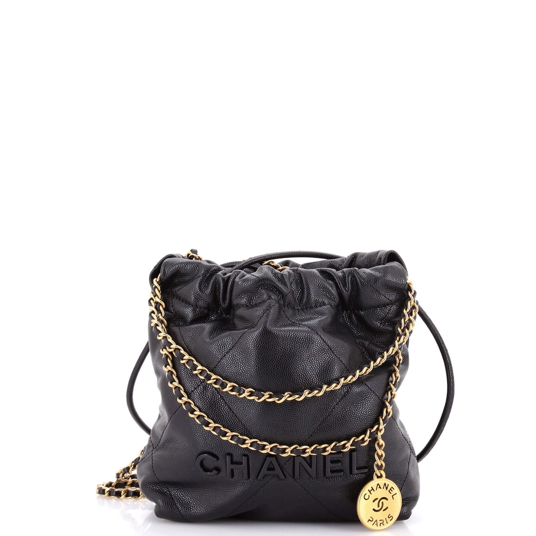 Chanel 22 Chain Hobo Quilted Caviar: Grained caviar on the smallest 22 format, 6.5 in wide by 7.5 in tall with 2.5 in of depth. At this scale the leather choice decides everything, and pebbled grain stops the little panels going shapeles