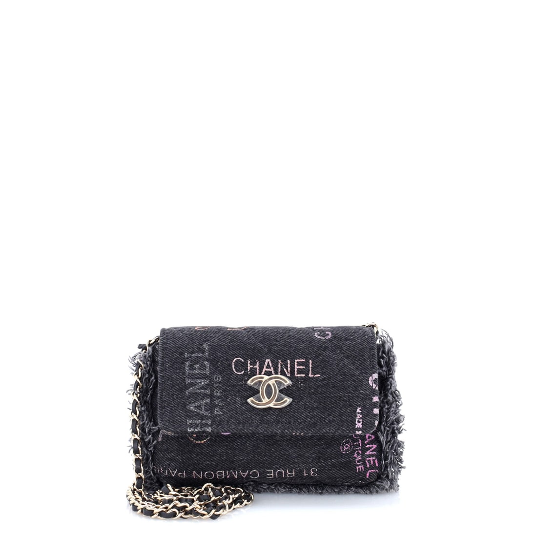 Chanel Denim Mood Flap Clutch with Chain Logo Printed Quilted Fringe Denim: The chain is what makes this clutch practical, a 20.5 inch drop that converts a hand-held shape into a crossbody one. Grade B - Excellent, the denim still crisp. Small at 5 by 4 inches and 1 inch deep