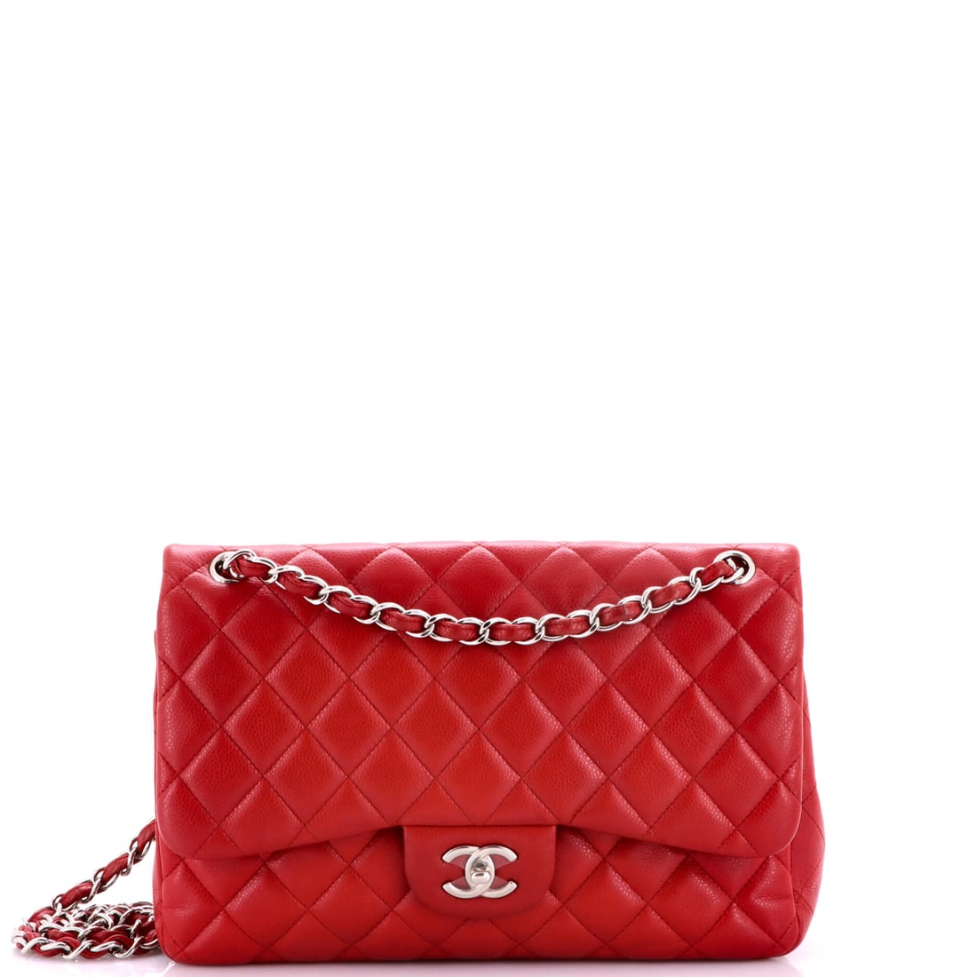 Chanel Vintage Classic Double Flap Bag Quilted Caviar: At a full 12 x 8 x 4 in this double flap sits at the top of the size range, and the four-inch depth is where the extra capacity lives. A 13 in doubled drop clears a shoulder comfortably, while 23.5 in