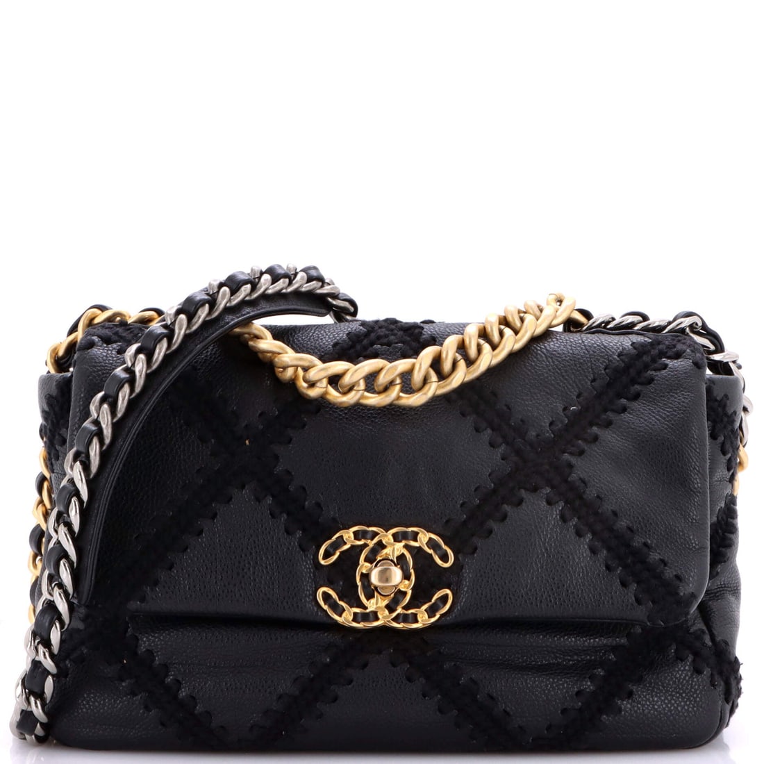 Chanel 19 Flap Bag Crochet Quilted Calfskin: An 11 inch width on a 6.5 inch height gives this crochet-quilted 19 a longer, flatter proportion than the standard cut, which suits the big diamonds. The 20 inch strap drop is full crossbody length, a