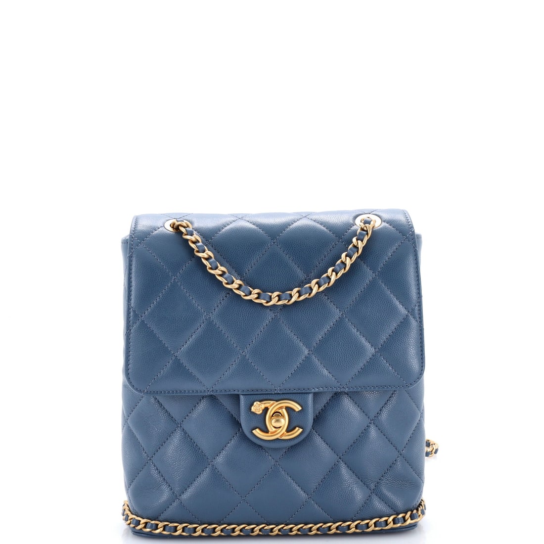 Chanel CC Chain Flap Backpack Quilted Caviar: Square-on at W 8 x H 8 x D 3.5 in, this quilted caviar backpack stays small enough to keep Chanel proportions and deep enough to be worth wearing. Flap and chain straps carry the CC hardware up onto t