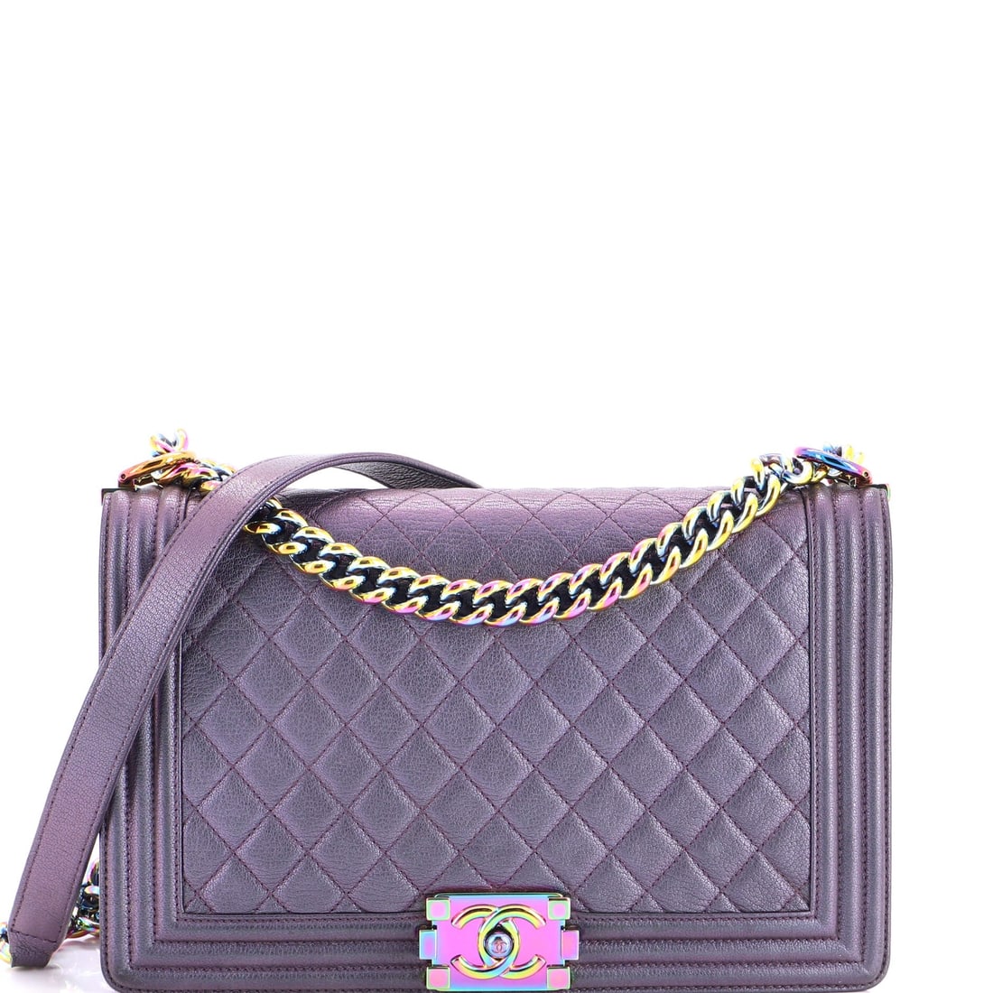 Chanel Boy Flap Bag Quilted Iridescent Goatskin: Large and light-catching, this 11 by 7 by 3 inch iridescent goatskin Boy is an evening bag with day-bag capacity, which is an unusual pairing for the model. The strap measures 18 inches worn long and 