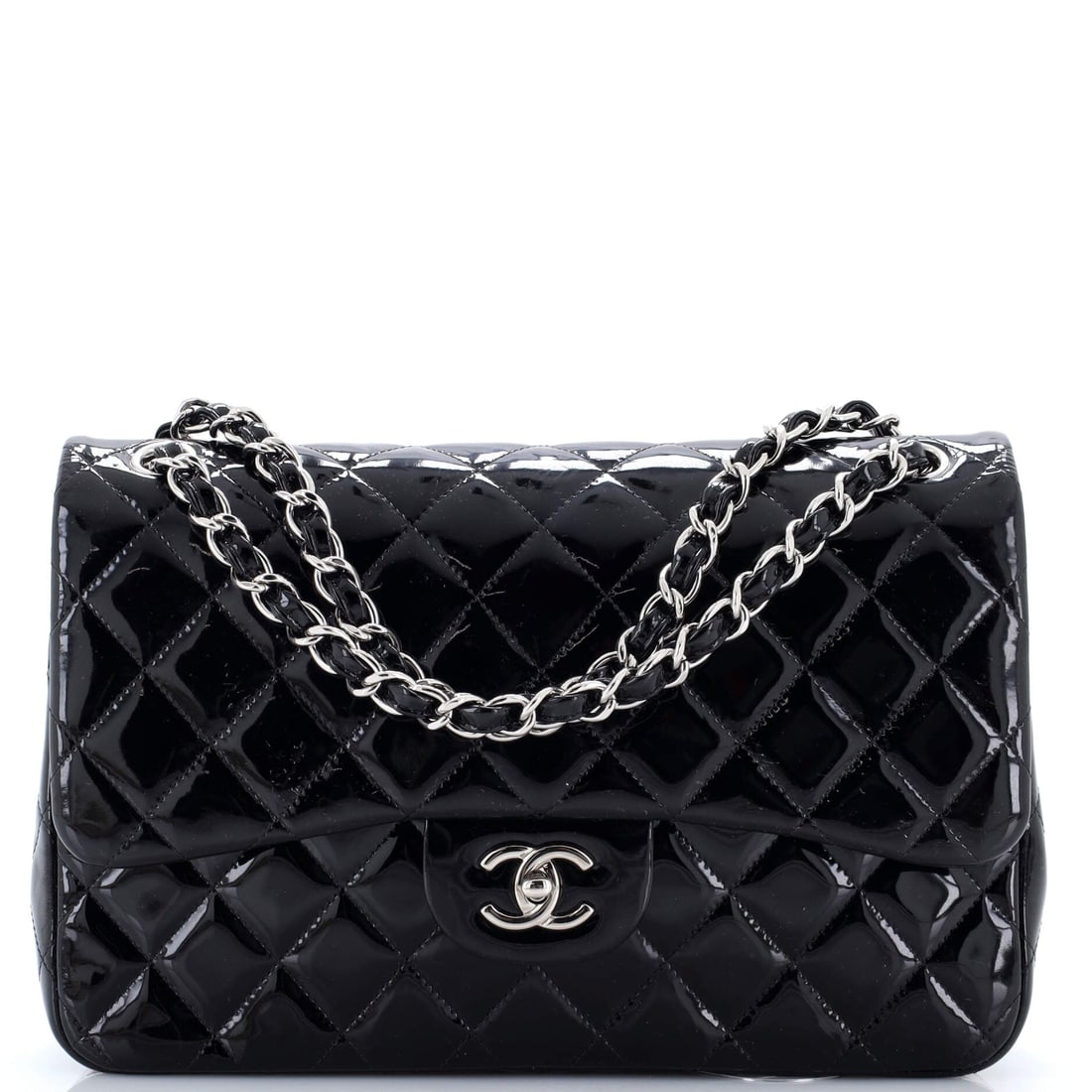 Chanel Classic Double Flap Bag Quilted Patent: Patent does something specific to this silhouette: it flattens the quilt's shadows and pushes the turnlock forward as the focal point. Twelve inches wide by 8 in high with a 3.5 in base is a working s