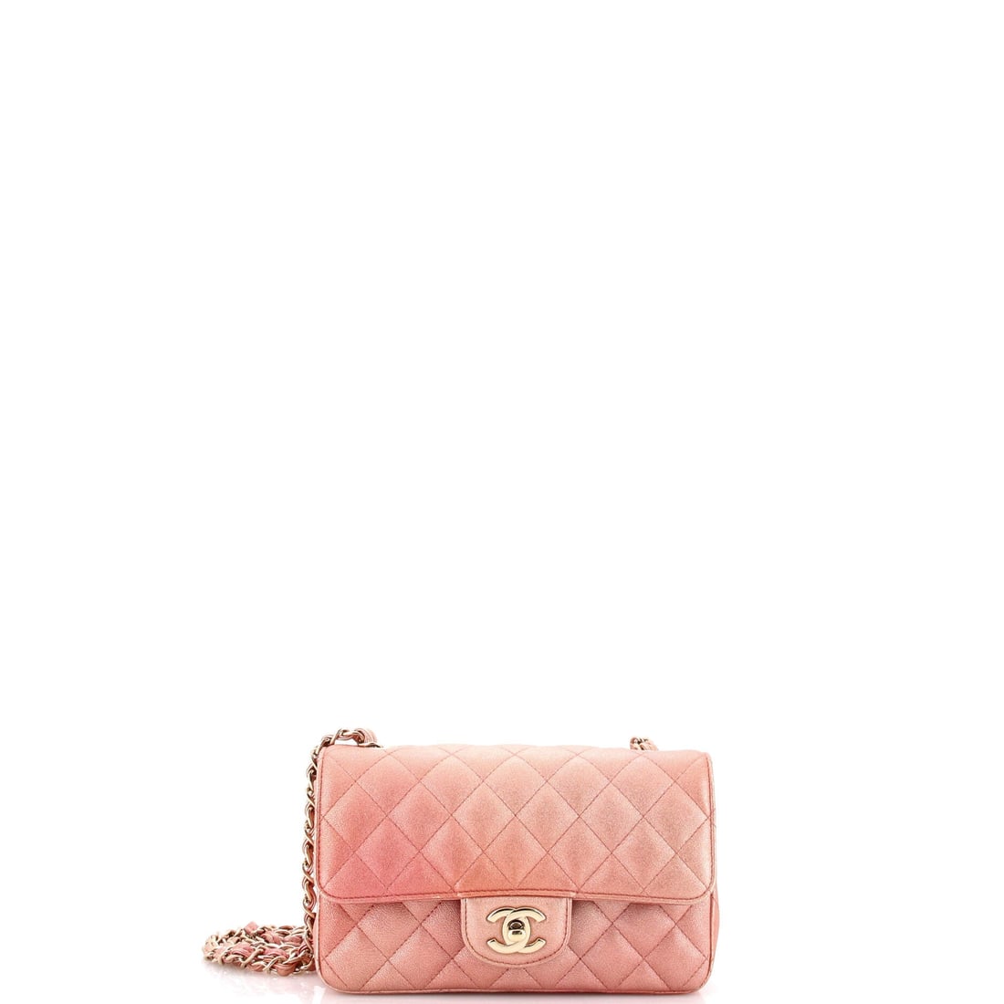 Chanel Classic Single Flap Bag Quilted Ombre Metallic Lambskin: Metallic ombre lambskin makes this single flap the loudest thing in its group, the quilting catching a graded sheen across the front. Standard small-flap dimensions of 8 x 5 x 2.5 in keep it wearable 