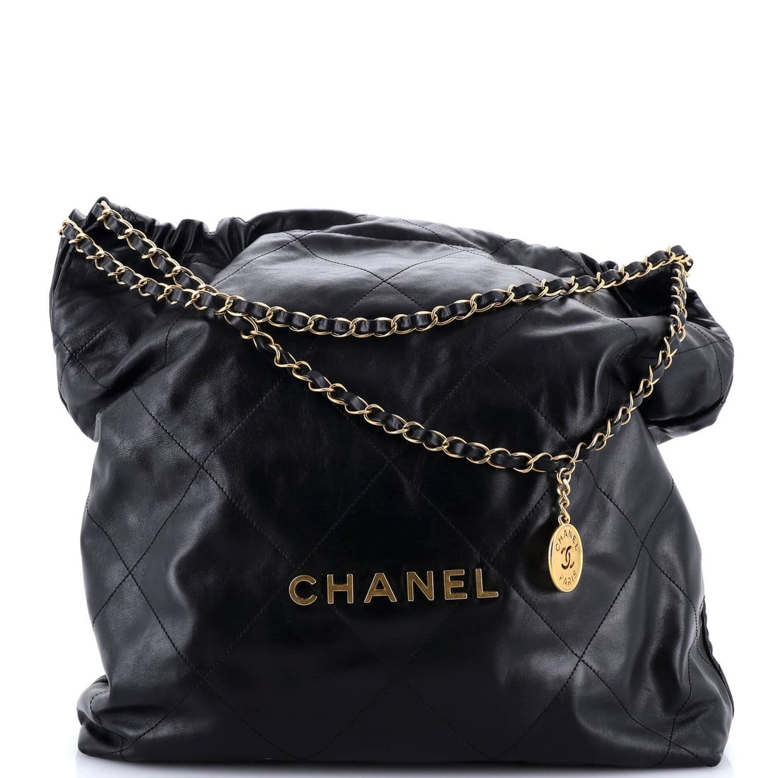 Chanel 22 Chain Hobo Quilted Calfskin: Full-size dimensions of 14.5 x 17 x 4 in put this quilted calfskin 22 among the largest the line has built. The 7 in handle drop and soft body mean it molds around whatever it carries. Grade C - Very 