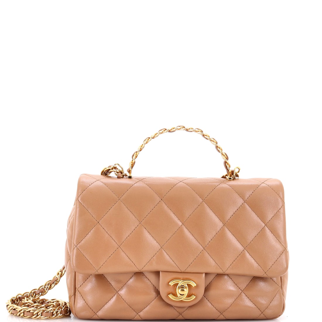 Chanel Golden Links Top Handle Flap Bag Quilted Shiny Lambskin: Shiny lambskin takes the quilting to a high gloss on this Golden Links flap, and the chain-link detailing that names the model plays off that finish. A top handle over a 9 by 6.5 by 3-inch body makes 