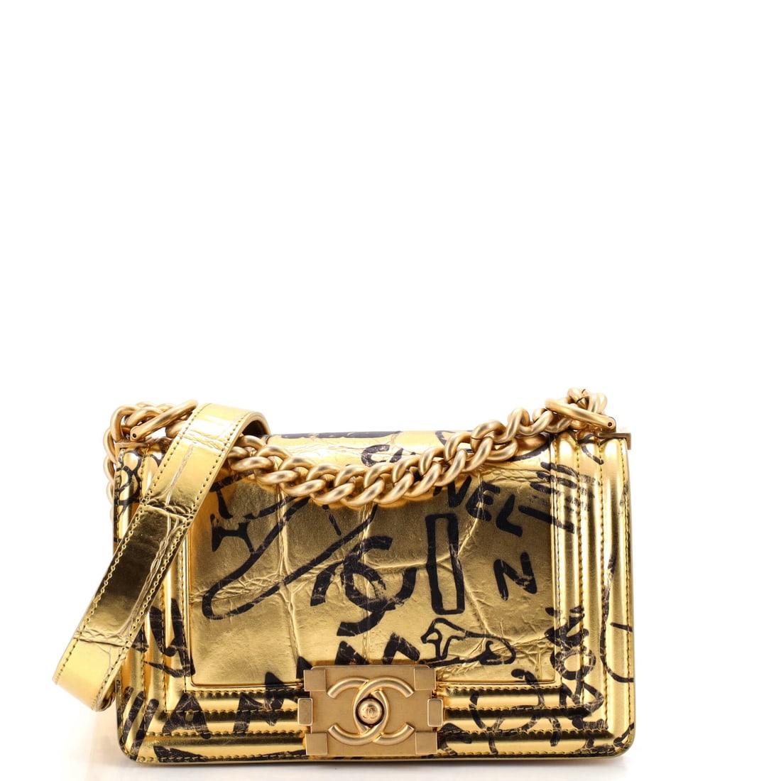 Chanel Boy Flap Bag Graffiti Crocodile Embossed Calfskin: Graffiti over crocodile-embossed calfskin reads as print first and texture second, and on the boxy Boy silhouette the effect stays graphic rather than busy. This is the 8 by 5 by 3 inch cut, the most 