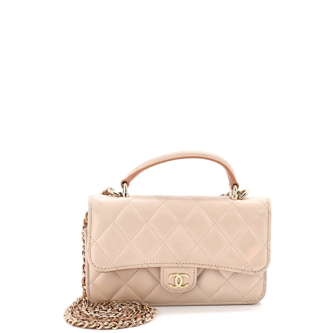 Chanel Classic Top Handle Flap Phone Holder with Chain Quilted Lambskin: Evening use is where this one makes the most sense, small enough at 6.5 by 4 inches to carry a phone, a card and a lipstick. Grade B - Excellent, holding its shape well. Lambskin quilting gives the fa