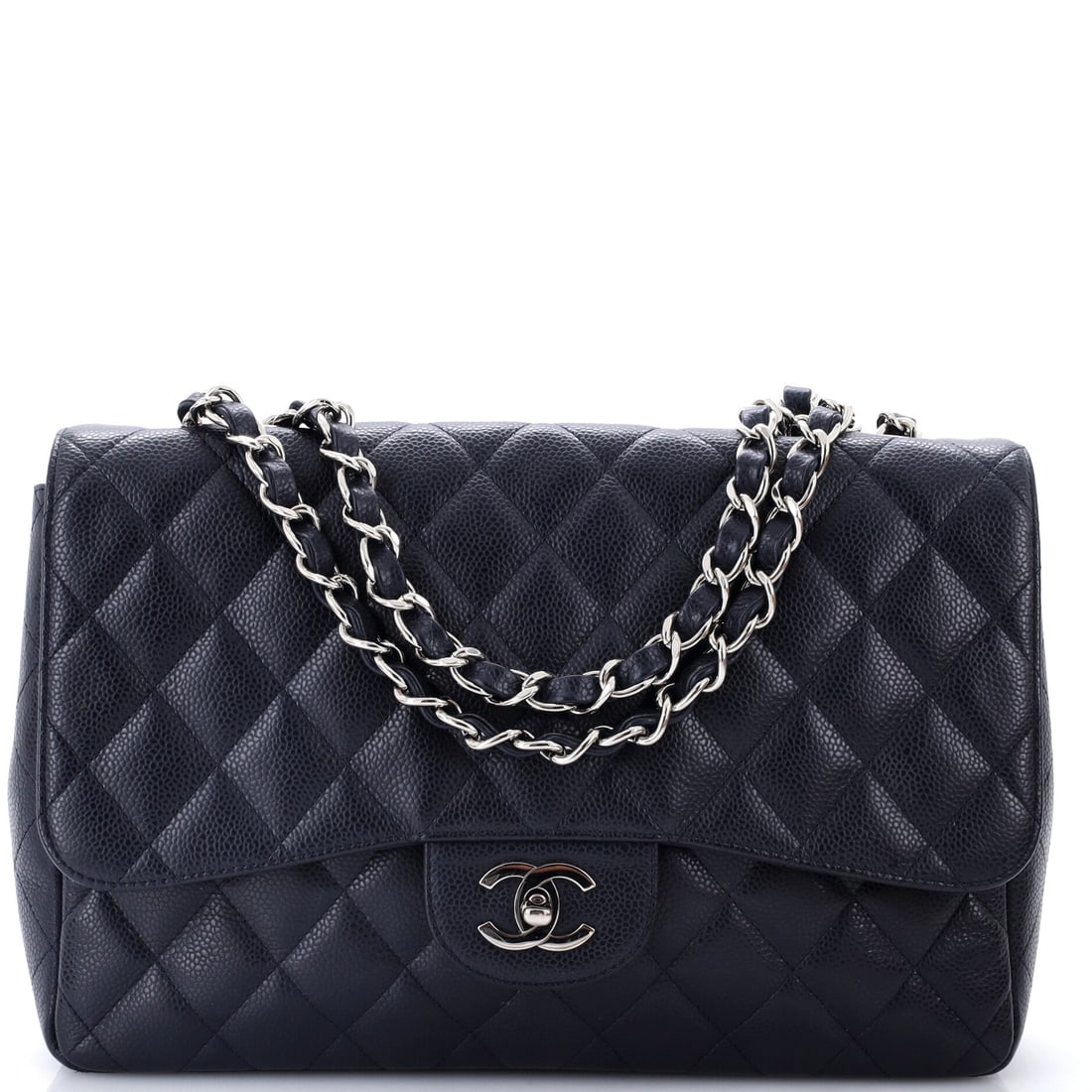 Chanel Classic Single Flap Bag Quilted Caviar: Scaled to 11.5 in wide and 8 in high, this caviar single flap sits firmly in jumbo territory and holds a day's worth of contents in its 3 in depth. The 22 in strap drop still allows crossbody wear at 