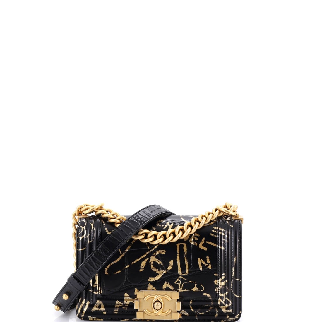 Chanel Boy Flap Bag Graffiti Crocodile Embossed Calfskin: At 8 by 5 by 3 inches this sits mid-range for the model, but the crocodile embossing and graffiti overlay make it read larger and more assertive than a quilted example of the same footprint. The chain