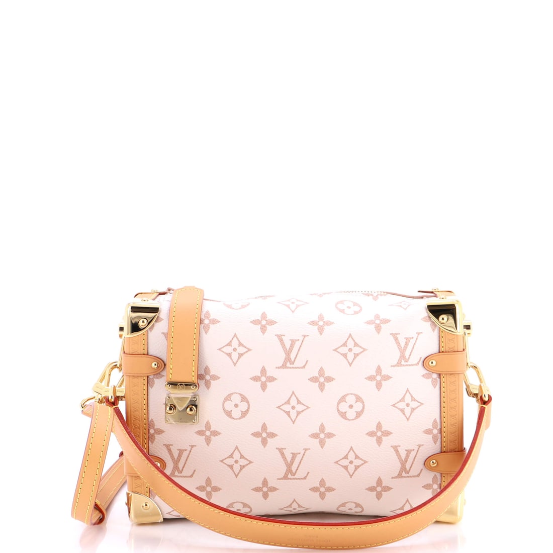Louis Vuitton Side Trunk Handbag Monogram Dune Canvas: The Side Trunk borrows its geometry from luggage, a hard rectangle of 9 x 6 x 3 in worn with its long side against the body. Dune canvas lightens the monogram considerably, which changes how the bag s