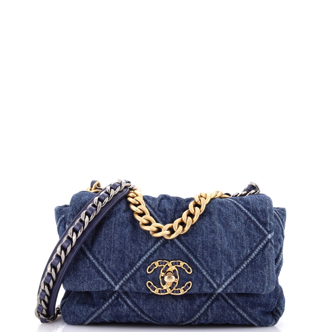 Chanel 19 Flap Bag Quilted Denim: The mixed-metal chain does something particular against denim, gold and silver and dark links breaking up the indigo instead of matching it. Ten inches wide by six tall with a 3.5 inch base is the wor