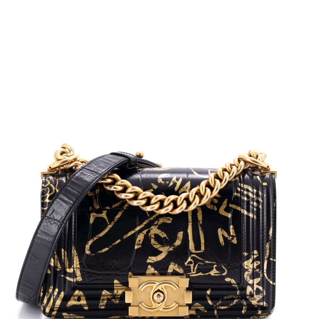 Chanel Boy Flap Bag Graffiti Crocodile Embossed Calfskin: Print-led Boy flaps turn the model's plain architecture into a frame, and the graffiti across crocodile-embossed calfskin gets the whole front of this one to itself. Interior capacity at 8 by 5 by 3 i