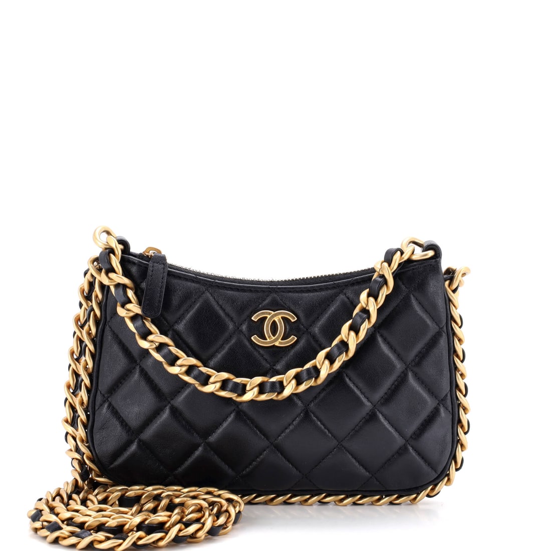 Chanel CC Chain Around Hobo Quilted Lambskin: At W 7.5 x H 4.5 x D 1 in this hobo is barely thicker than what goes inside it, and that flatness is the appeal rather than a shortcoming. Worn long on the 22 in chain it sits at the hip; shortened to