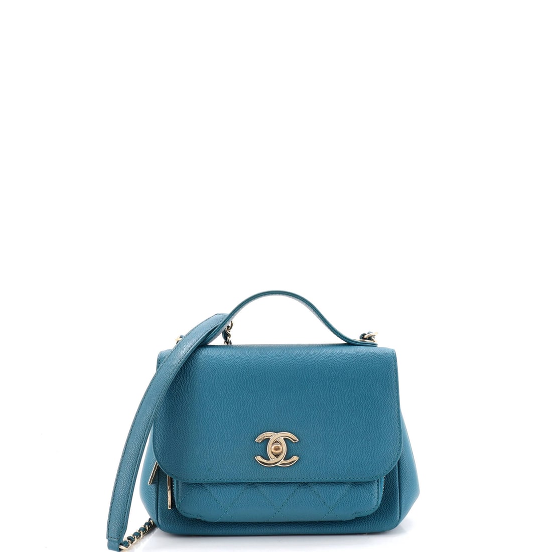 Chanel Business Affinity Flap Bag Quilted Caviar: The small Business Affinity holds its upright stance in a compact 7.5 x 6 x 3 in body, with a 21 in chain for crossbody wear and a short handle above the flap. Caviar quilting disguises handling bette