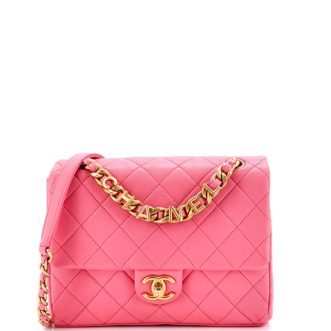 Chanel Logo Letters Chanel Touch Chain Flap Bag Quilted Lambskin: Logo letters spelled out across the front make this flap graphic rather than discreet, and the proportion is unusual too, 8.5 inches wide against 7 high is nearly square. Handle and strap drop both me