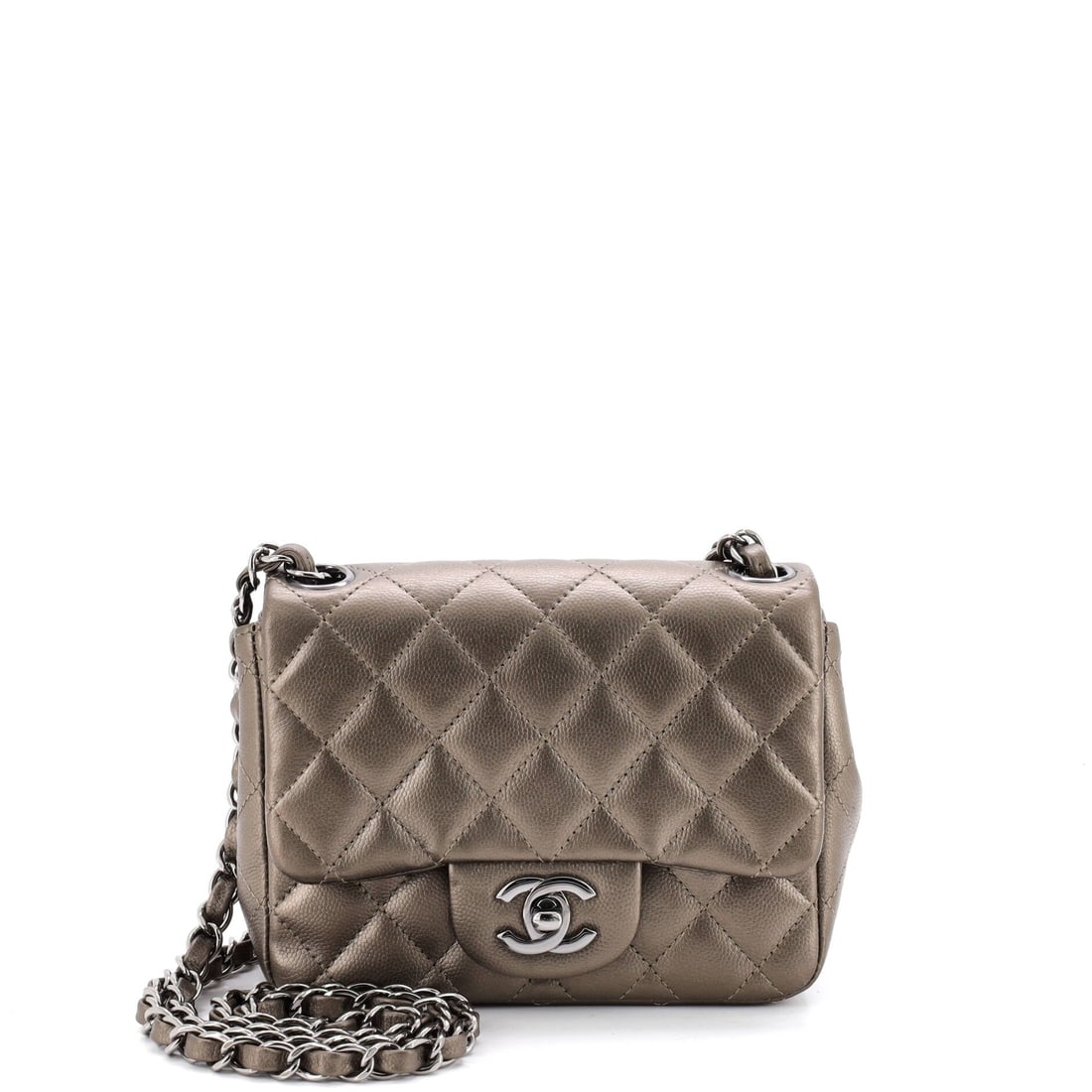 Chanel Square Classic Single Flap Bag Quilted Caviar: The pebbled grain of caviar makes this square single flap a low-maintenance small Chanel, and the 3 inch gusset gives it more use than a 6.5 inch width implies. Grade C - Very Good, reflecting normal 