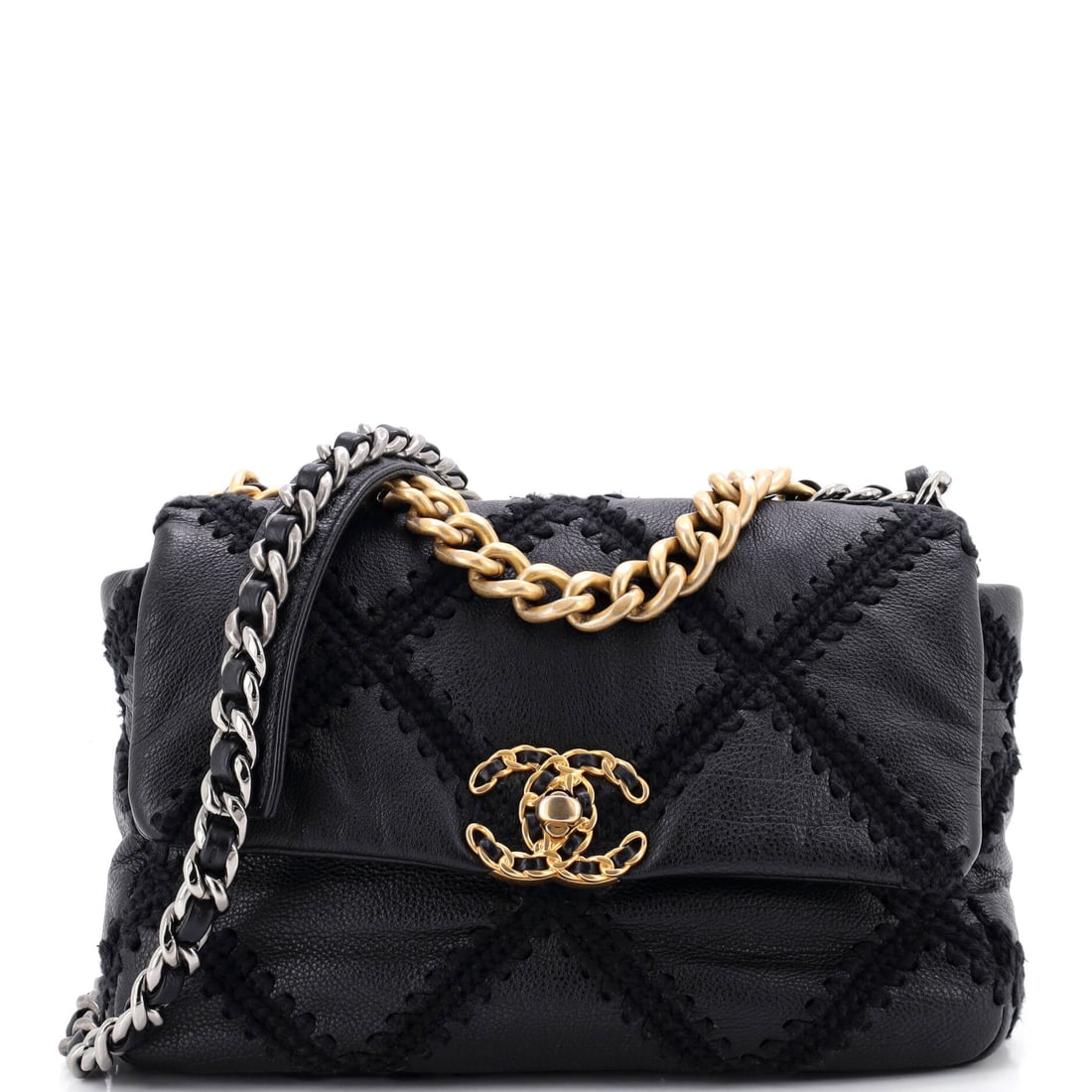 Chanel 19 Flap Bag Crochet Quilted Calfskin: Textured crochet quilting on calfskin is the draw here, giving the diamonds a raised face that the plain-leather versions do not have. Shows as Grade C - Very Good. Compact at 10 by 6.5 inches with a 
