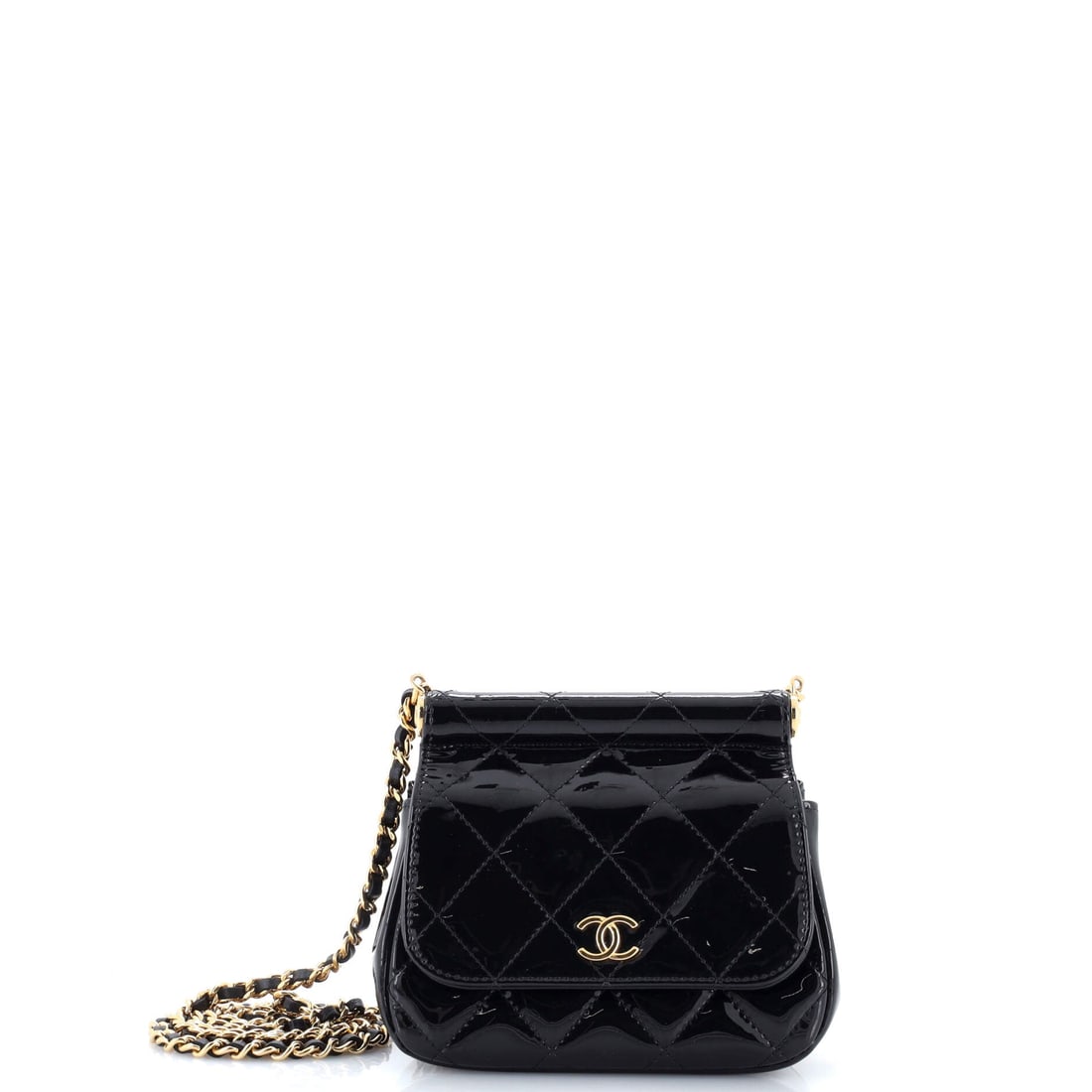 Chanel CC Frame Flap Clutch with Chain Quilted Patent: Patent leather sharpens the frame clutch, throwing light along the quilt lines and the metal edge alike. Six inches wide by 5 high gives it a squarer, roomier face than the smallest of these, and the 