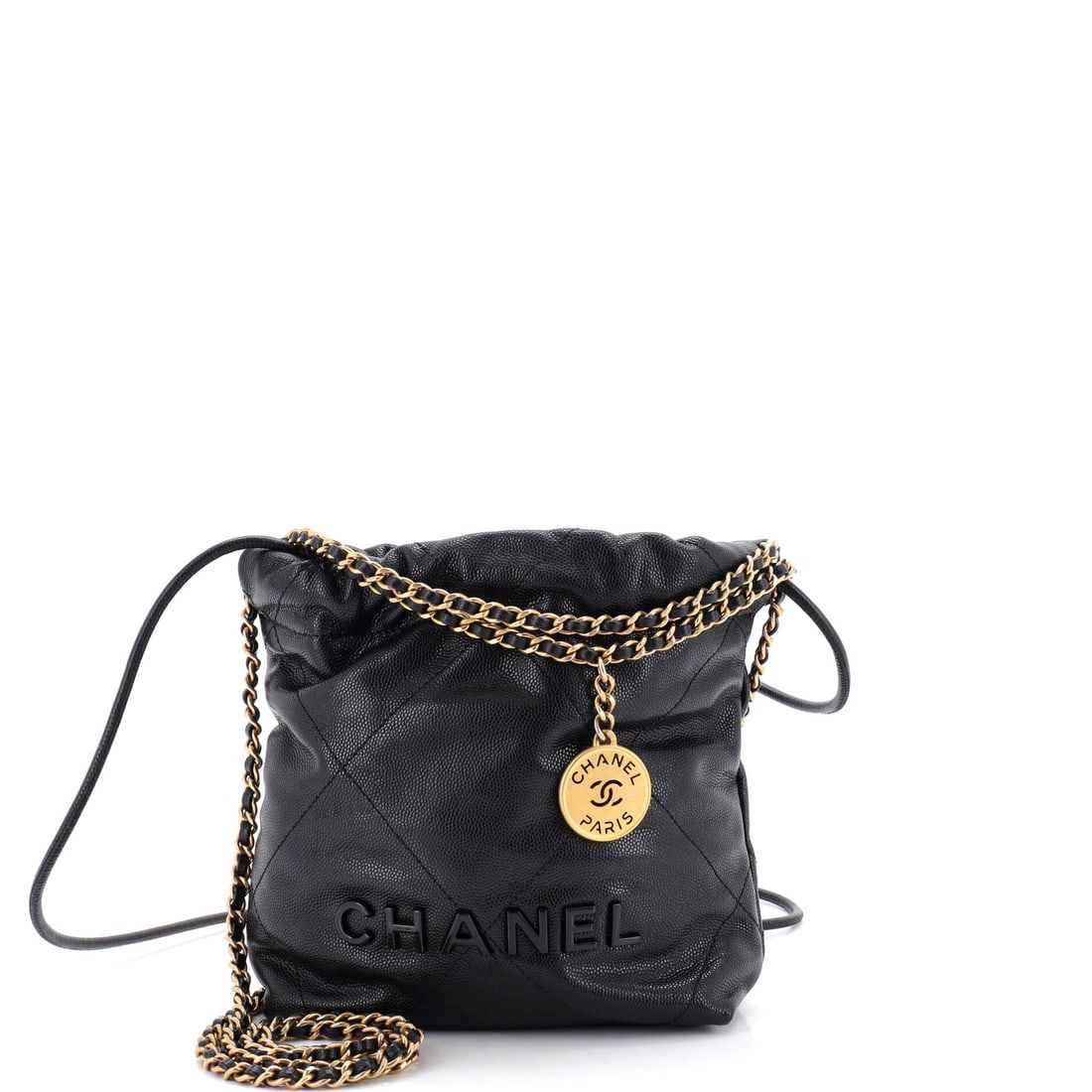 Chanel 22 Chain Hobo Quilted Caviar: Seven by seven and a half inches, 2.5 in deep, in caviar, this is the small 22 built for use rather than display. Grain gives the quilting a crisper edge than the softer skins manage. Grade B - Excell