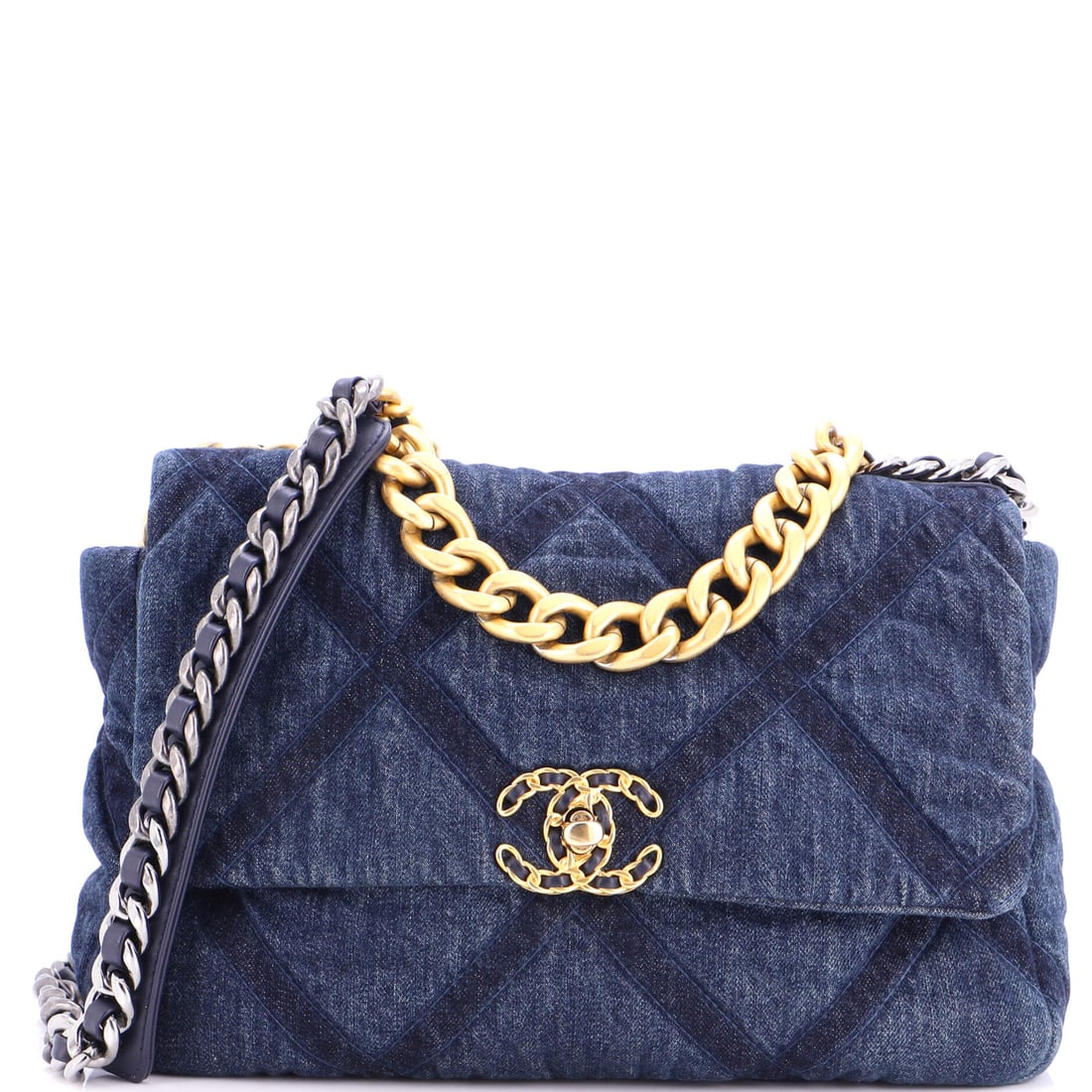 Chanel 19 Flap Bag Quilted Denim: Bigger than the standard cut at twelve by eight inches, this denim 19 moves into daily-carry territory on a 3.5 inch base. The 17 inch strap drop is long enough for crossbody on most frames, and a 4 i