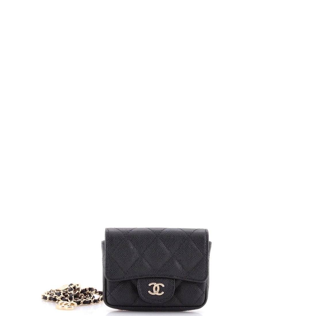 Chanel Classic Flap Chain Belt Bag Quilted Caviar: Small enough to disappear at 4 x 3 x 1 in, this quilted caviar flap earns its keep as the piece that goes out when a full bag is too much. The 13.5 in chain can be worn at the waist, and the same leng