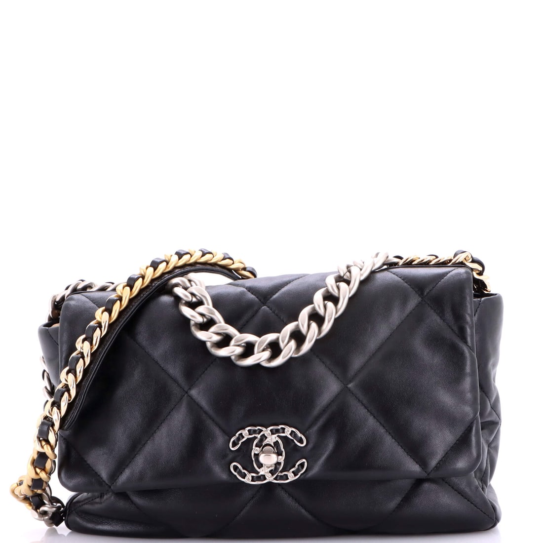 Chanel 19 Flap Bag Quilted Shiny Crumpled Calfskin: Deeper than most of the line at 3.5 inches and taller at 7, this crumpled calfskin example has real volume behind the flap instead of the flatter profile the 19 usually shows. High gloss keeps the qui