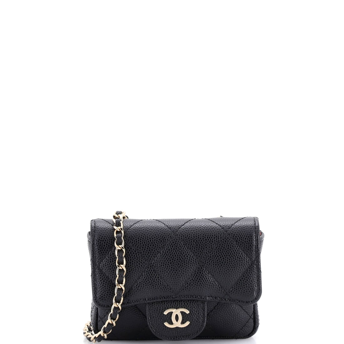 Chanel Classic Flap Chain Belt Bag Quilted Caviar: The turnlock is the tell on this one, a full-size closure on a 4 in wide pouch, which is what gives mini flaps their charm. Caviar keeps the quilting defined at 3 in of height, where softer skins tend