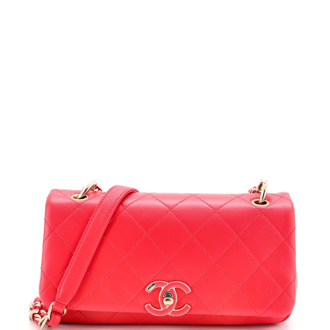 Chanel Twist Chain Enamel CC Flap Bag Quilted Lambskin: The enamel CC on this flap is the reason to look twice, set against diamond-quilted lambskin on an 8.5 x 5.5 x 2 in body. Two inches of depth keeps it flat to the ribs, and the 21.5 in twisted chain w
