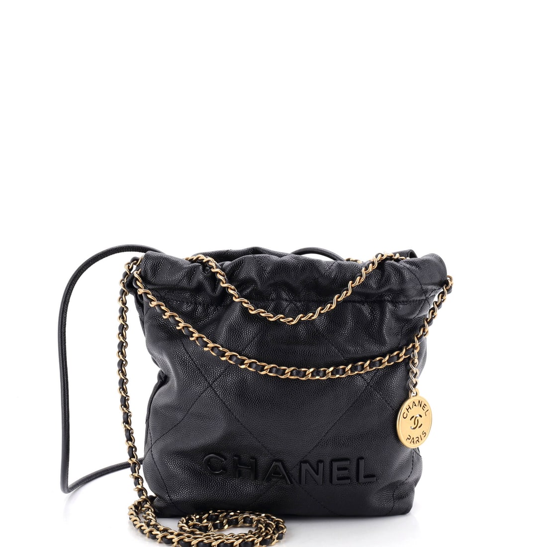 Chanel 22 Chain Hobo Quilted Caviar: Grain, quilting and a compact 7 x 7.5 x 2.5 in shell add up to the caviar 22 at its most portable. With less surface to fill, the quilt reads as a handful of bold diamonds. Grade B - Excellent, with m