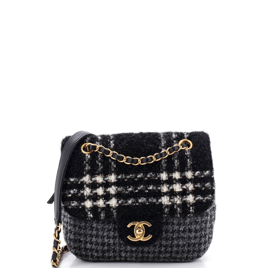 Chanel CC Square Zip Flap Bag Quilted Tweed: Tweed gives this square flap a matte, textural surface that behaves differently from leather quilting under light. Nearly square at 8.5 by 7 inches with a full 3.5 inches of depth, it is a genuine day