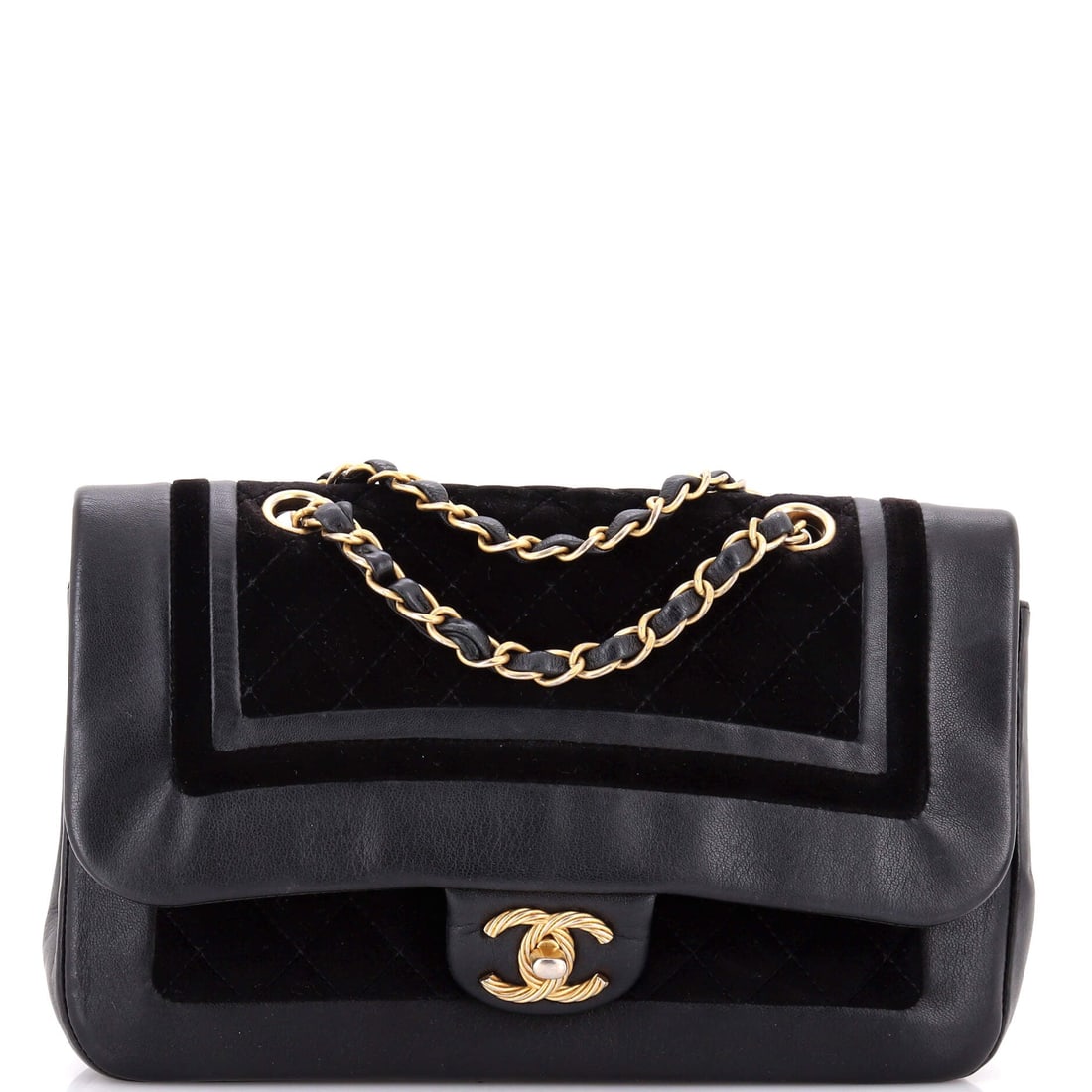 Chanel Paris-Cosmopolite Textured CC Flap Bag Lambskin and Quilted Velvet: Ten inches across and only 2 deep, this Paris-Cosmopolite flap is the flatter, wider cut of the model, which suits the velvet panels running across the front. A 9.5 inch drop keeps it on the shoulder 