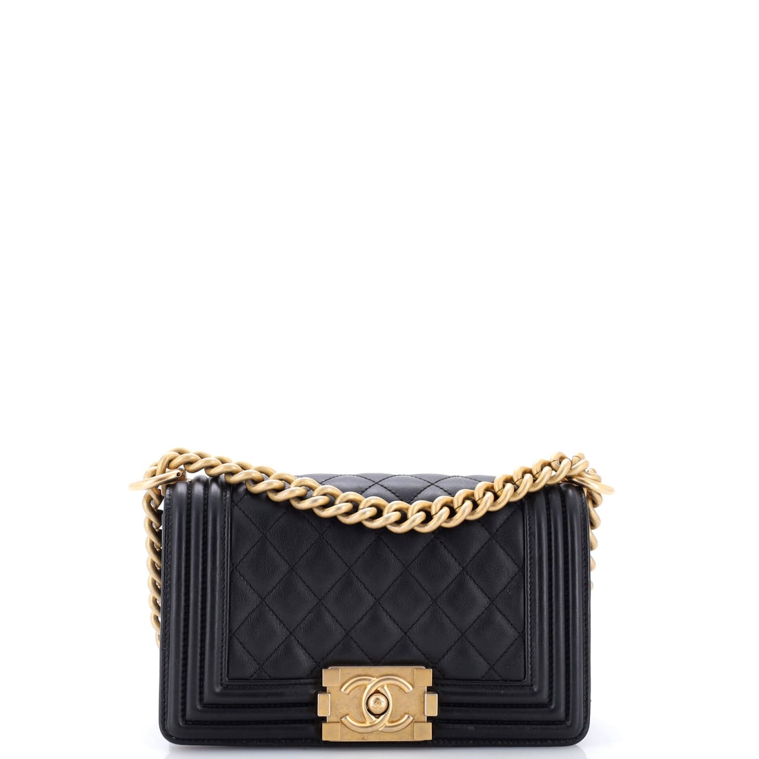 Chanel Boy Flap Bag Quilted Lambskin: Everyday scale at 8 by 5 by 3 inches, a 21-inch strap for diagonal wear and a 12-inch shoulder drop doubled: the specification here is the most usable in the line. The push-lock still shuts with resis