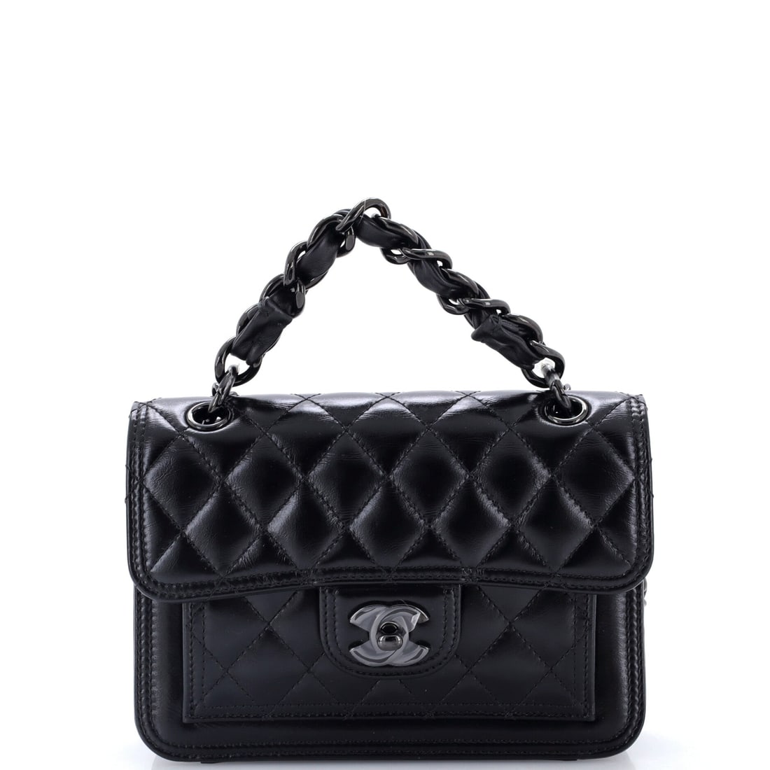 Chanel So Black Double You CC Flap Bag Quilted Shiny Crumpled Calfskin: Blacked-out and high-shine at once, this Double You flap trades colour contrast for surface texture, the crumpled calfskin holding the quilt lines loosely. Small at 5.5 in tall with a 3 in gusset, it 