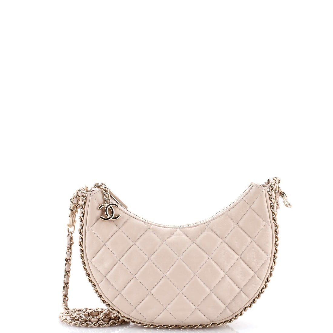 Chanel Chain Around Hook Hobo Quilted Lambskin: Eight inches wide and 6.5 tall puts this hook hobo well past pouch territory and into daily use, with 2.5 inches of depth to match. Lambskin quilting keeps it soft enough to slouch while the chain aro
