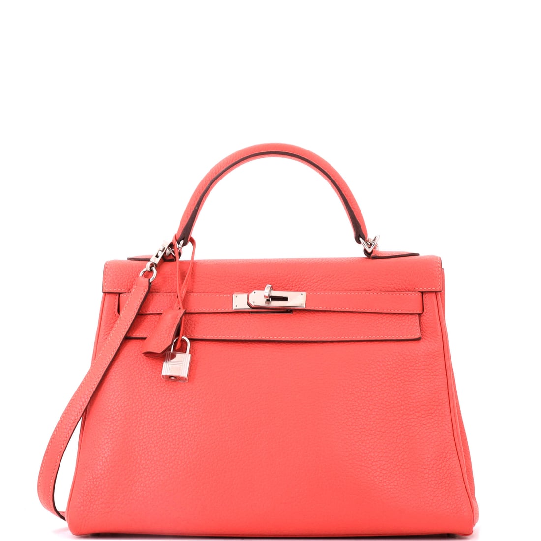Hermes Kelly Handbag Red Clemence with Palladium Hardware: Red on Clemence goes deep rather than bright, the grain absorbing light where a smooth leather would flash it. Wear is consistent with Grade C - Very Good, chiefly at the base piping. A 17 in strap dr