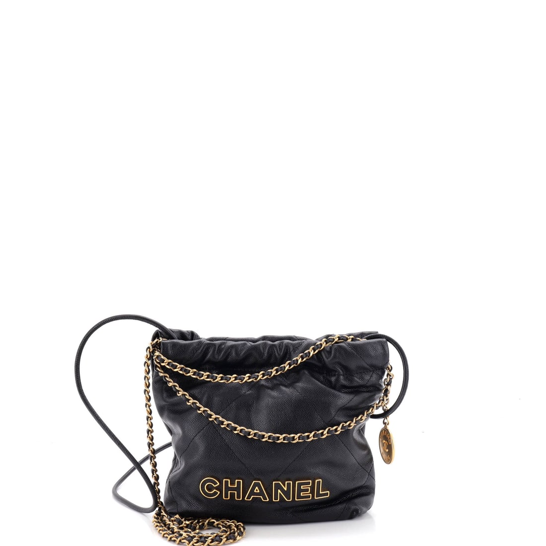 Chanel 22 Chain Hobo Quilted Caviar: A 2.5 in gusset behind a 7 x 7.5 in face gives the small caviar 22 more room than its footprint suggests. Grained leather keeps the quilt lines defined where softer skins would flatten out. Grade B - 