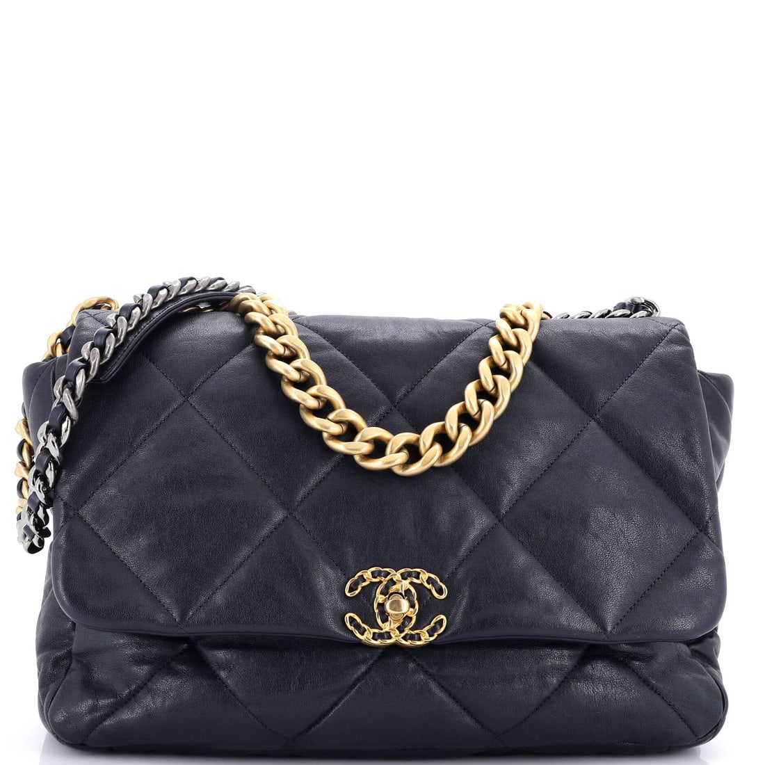 Chanel 19 Flap Bag Quilted Leather: Everything about the large 19 favors capacity: 13.5 inches wide, ten tall, 4.5 deep. A 14 inch strap drop makes it a shoulder bag for long days rather than a light evening flap, and the five inch chai