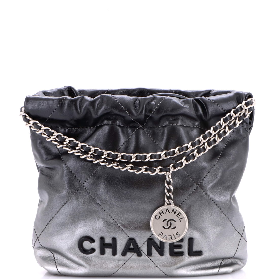 Chanel 22 Chain Hobo Quilted Metallic Degrade Calfskin: Metallic degrade calfskin puts a graded shimmer across the smallest 22, so the quilt panels shift tone as the bag moves. At 6.5 x 7.5 x 2.5 in there is little surface to work with, which concentrates 