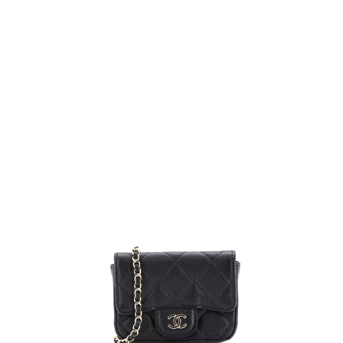 Chanel Classic Flap Chain Belt Bag Quilted Caviar: Quilted caviar in a belt-bag format, 1 in deep and 4 in across, for a bidder who wants the flap language without the bulk. At 13.5 in the chain is short by design, meant to be worn on the body rather 