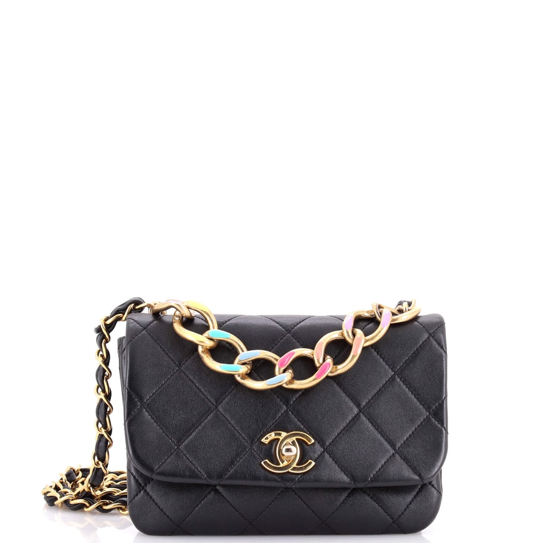 Chanel Color Match Multicolor Flap Bag Quilted Lambskin: Color Match sets contrasting panels against one another across the quilting, so this flap functions as a graphic object rather than a neutral. At 8 by 6 inches with a shallow 2 inch depth it stays fla