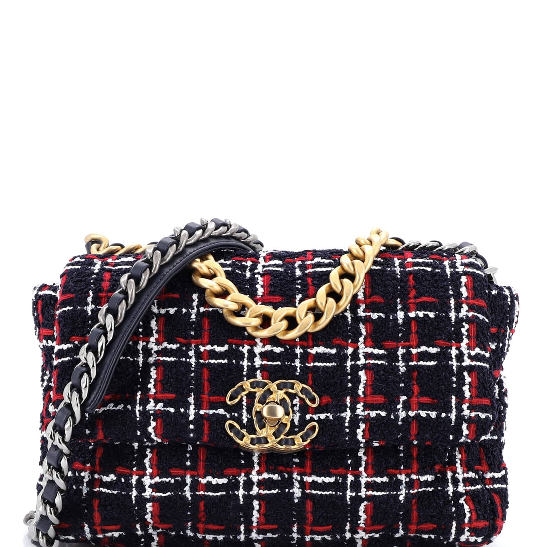 Chanel 19 Flap Bag Quilted Tweed: Half an inch narrower than the common cut, at 9.5 across, this tweed 19 edges toward a compact size while holding the same 6 in height and 3 in depth. Cloth compresses under the arm, so the silhouette