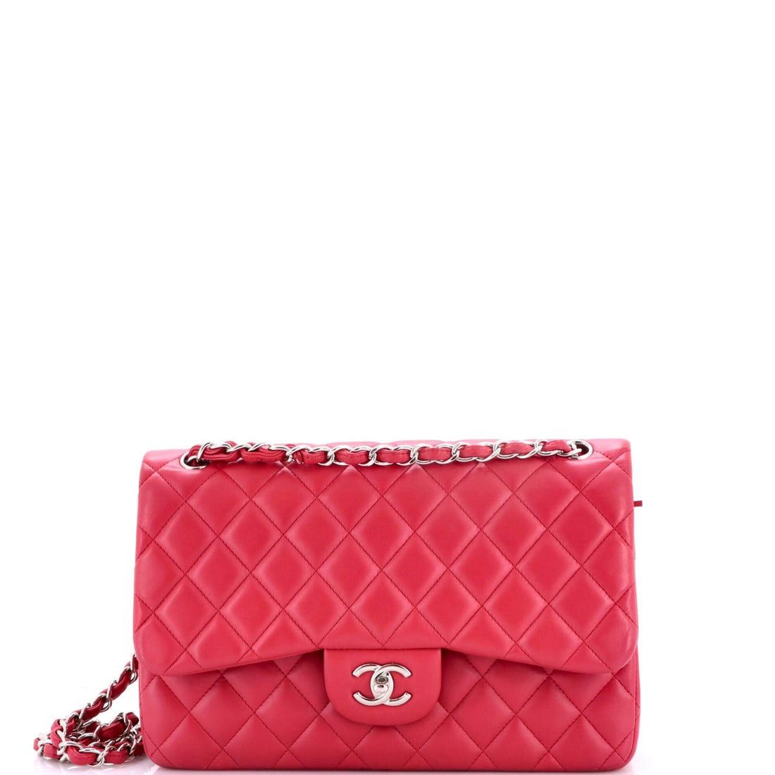 Chanel Classic Double Flap Bag Quilted Lambskin: Large-format lambskin flaps show their history, and this one sits at Grade C - Very Good. The dimensions are the draw: 12 inches wide, 8 high, 3.5 deep, with a 24 inch chain that clears the shoulder f