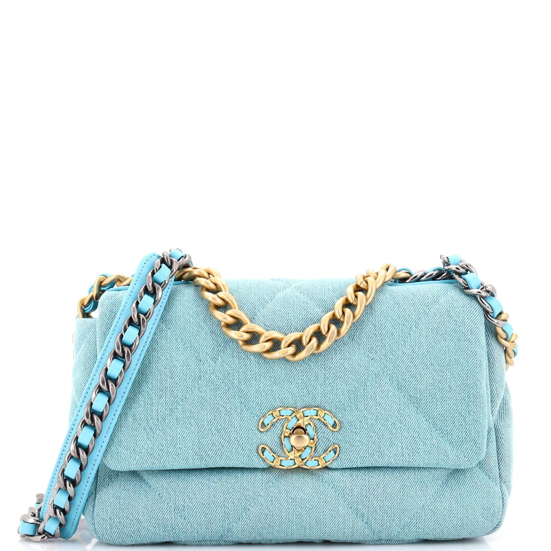 Chanel 19 Flap Bag Quilted Denim: Eleven inches across on a six inch height gives this denim 19 a low, wide stance that the big diamonds suit, with 3.5 inches of depth keeping real capacity behind the flat profile. A 19 inch strap dro