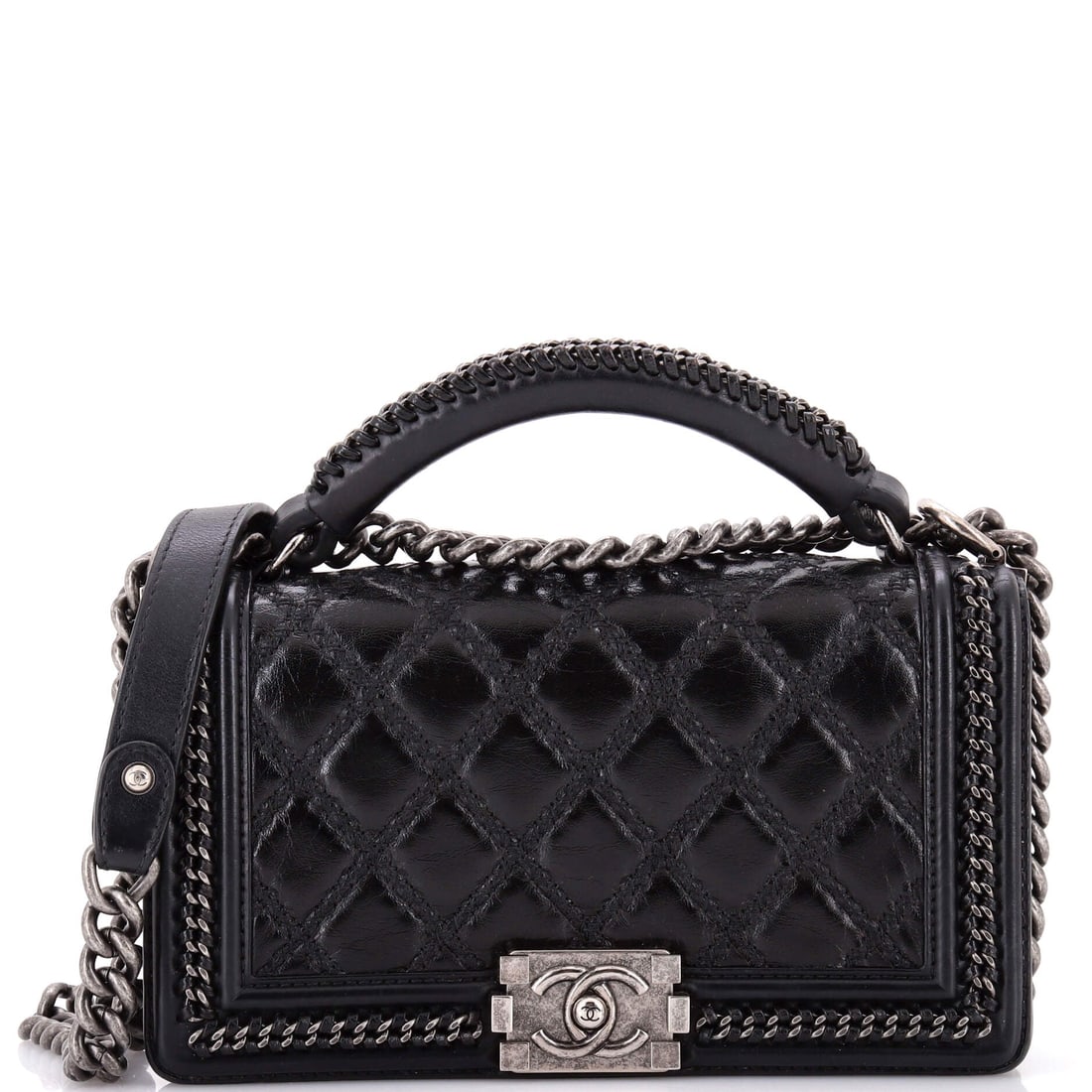 Chanel Chain Handle Boy Flap Bag Quilted Glazed Calfskin: Glazed calfskin holds the Boy's architectural quilting crisply, and the chain handle keeps the silhouette upright rather than slouched. At 10 inches wide and 6 high with only a 2.5 inch handle drop, i