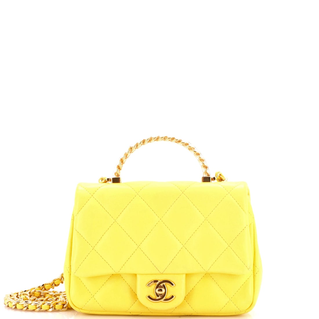 Chanel Resin Chain Top Handle Flap Bag Quilted Lambskin: The resin chain gives this top handle flap a graphic, almost jewelry-like top line, and at 4.5 in tall the bag stays firmly in the small-occasion category. Quilted lambskin keeps the body soft against