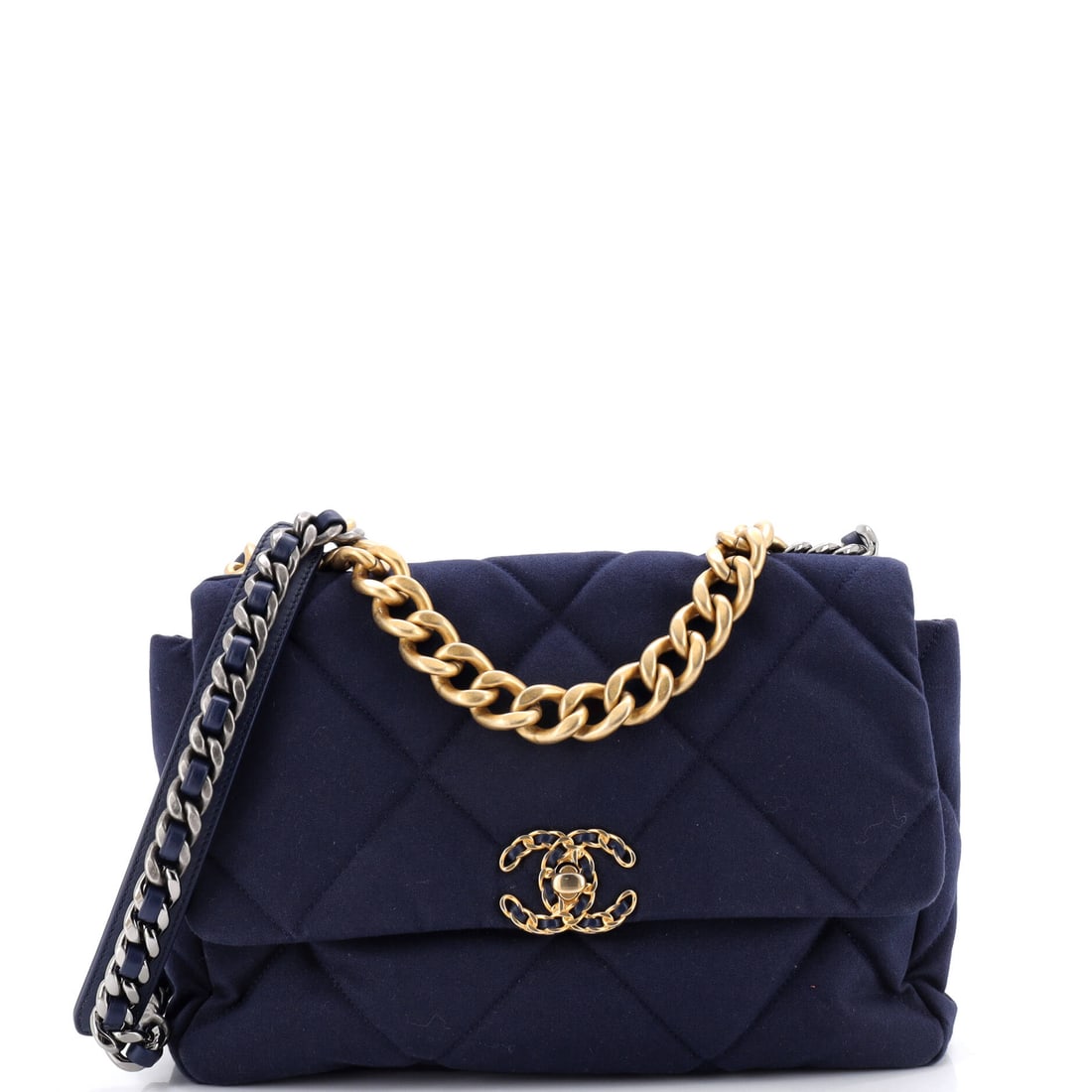 Chanel 19 Flap Bag Quilted Canvas: Quilted canvas takes the 19's oversized diamonds lightly, cutting weight out of a bag this size. Eleven inches wide by eight tall with a 3.5 inch depth puts it in day-bag territory rather than evening